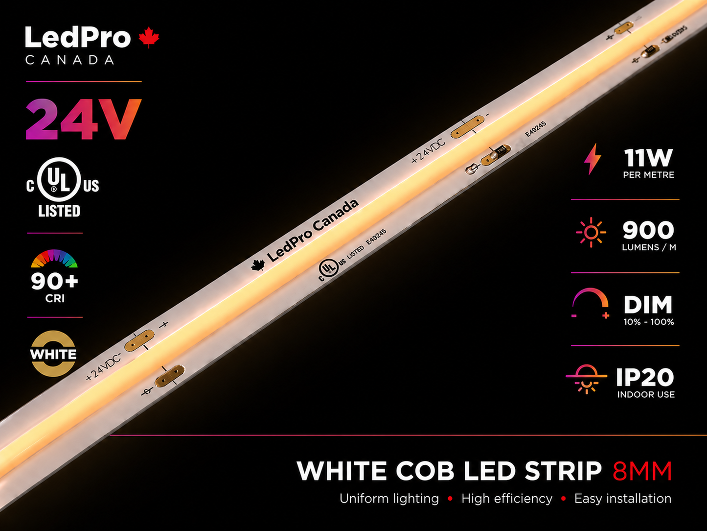 Premium COB LED Strip Light – 24V | 8mm | IP20 | 5m Roll