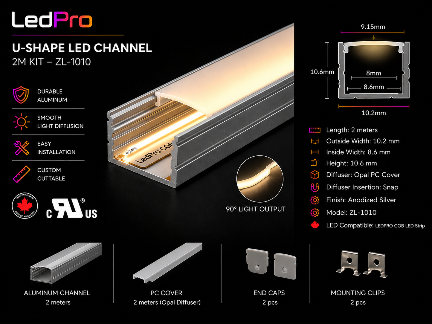 U-Shape Aluminum LED Channel 2m Kit – Opal Diffuser (Anodized Silver)