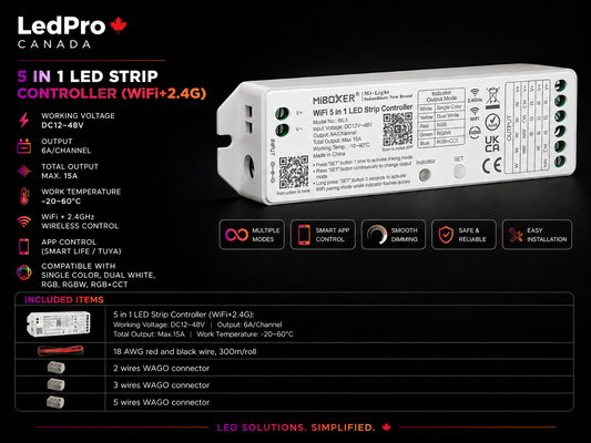 5-in-1 LED Strip Controller – WiFi + RF 2.4G | 12–48V | Smart Control